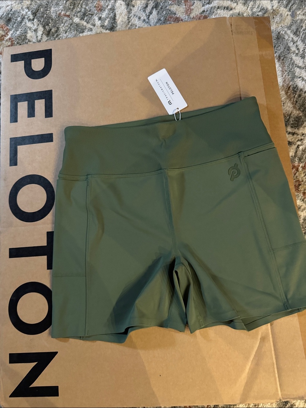 Peloton Travis Matthew Olive Green High-Rise Ribbed-Waist Bike Shorts